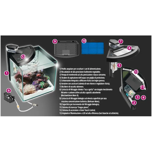 Newa More 50 Reef Marino Nero Acquario Completo di Illuminazione a Led e Skimmer 45Lt